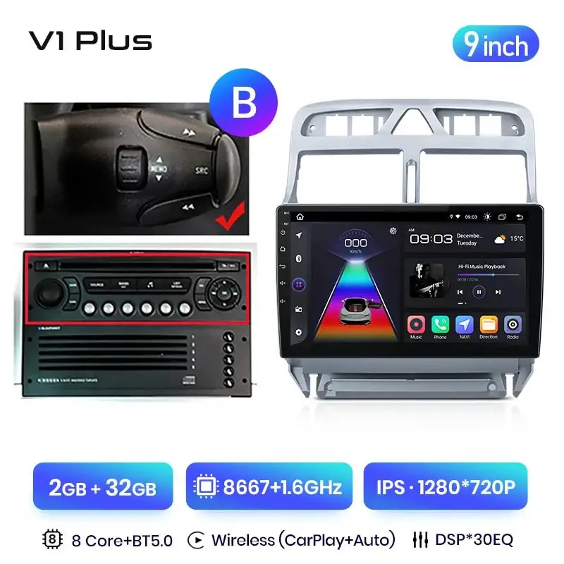 Radio Android do Peugeot 307 (2002-2013) CarPlay Android Auto 4G WiFi GPS DSP