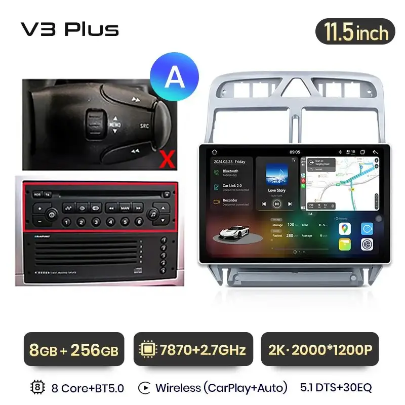 Radio Android do Peugeot 307 (2002-2013) CarPlay Android Auto 4G WiFi GPS DSP