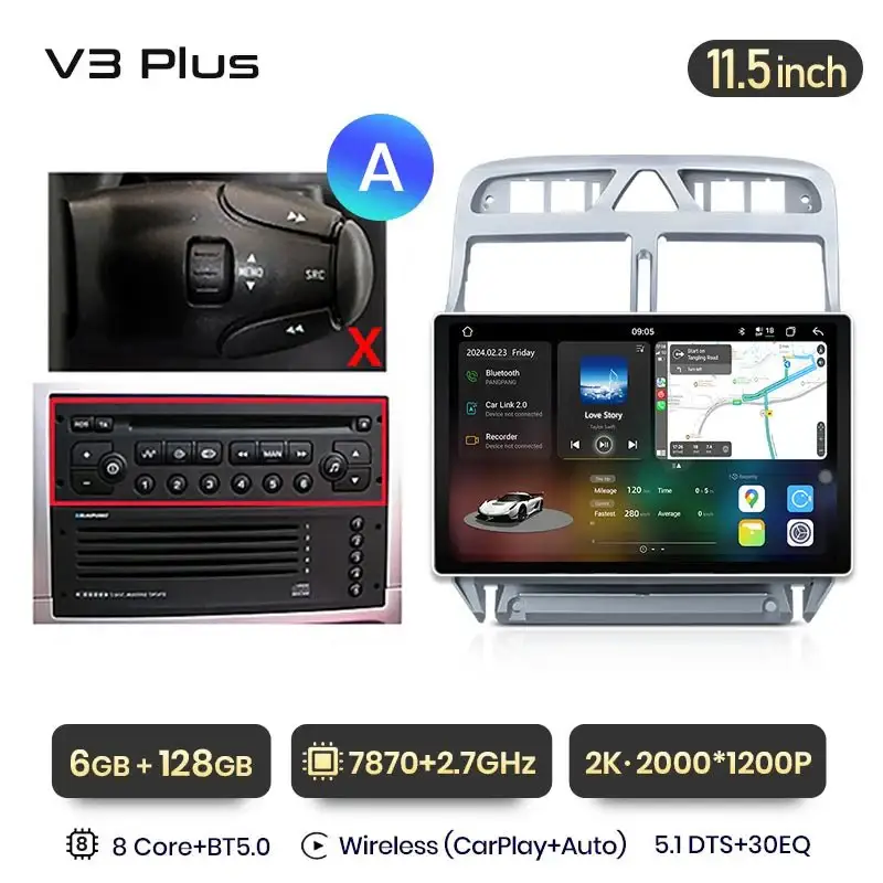 Radio Android do Peugeot 307 (2002-2013) CarPlay Android Auto 4G WiFi GPS DSP