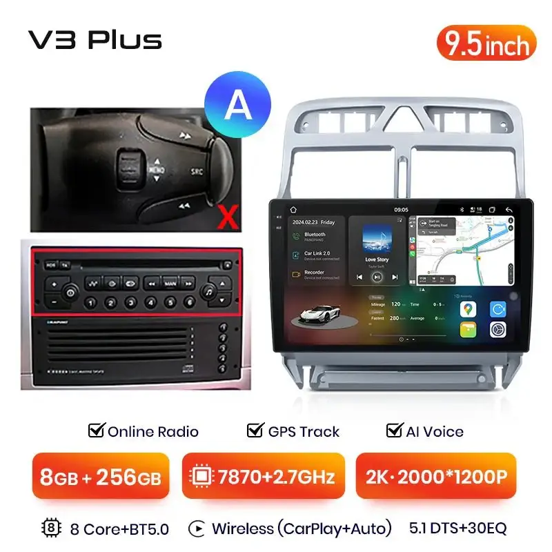 Radio Android do Peugeot 307 (2002-2013) CarPlay Android Auto 4G WiFi GPS DSP