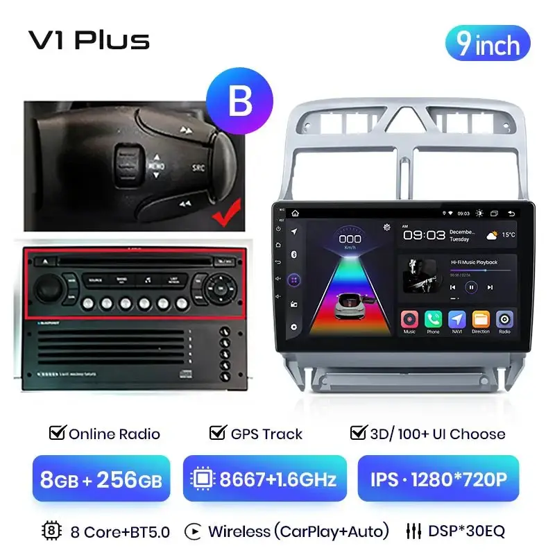 Radio Android do Peugeot 307 (2002-2013) CarPlay Android Auto 4G WiFi GPS DSP