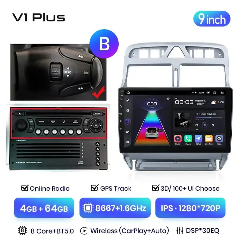 Radio Android do Peugeot 307 (2002-2013) CarPlay Android Auto 4G WiFi GPS DSP