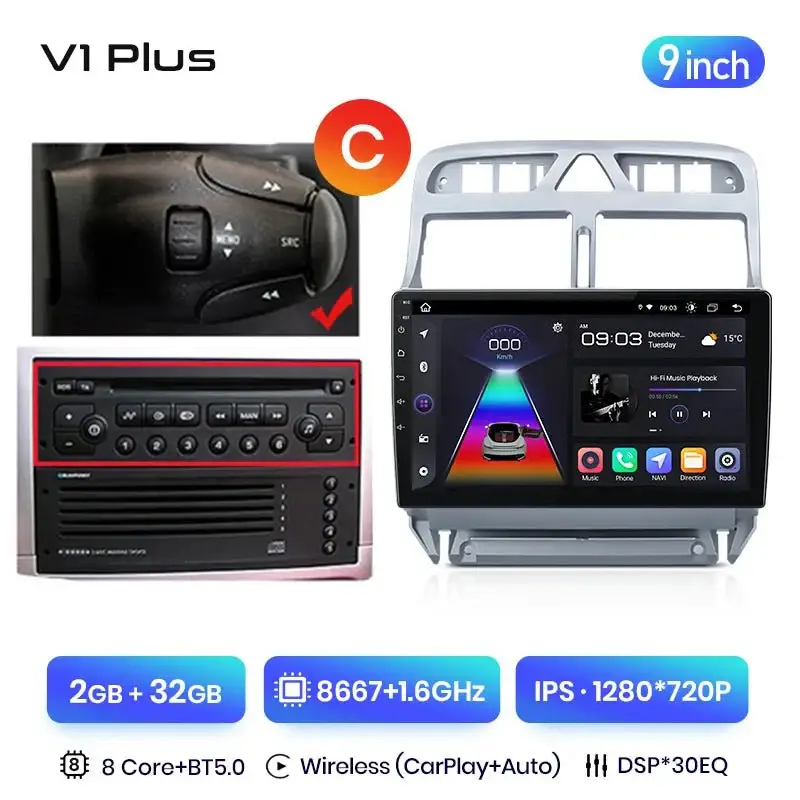 Radio Android do Peugeot 307 (2002-2013) CarPlay Android Auto 4G WiFi GPS DSP