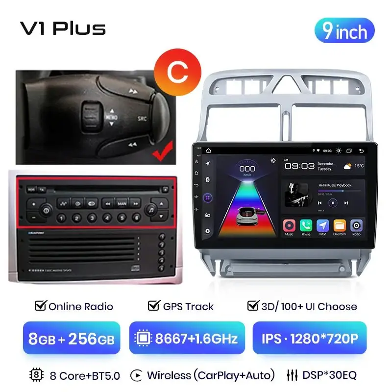 Radio Android do Peugeot 307 (2002-2013) CarPlay Android Auto 4G WiFi GPS DSP