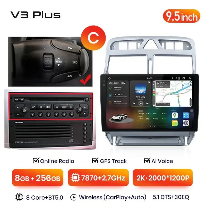 Radio Android do Peugeot 307 (2002-2013) CarPlay Android Auto 4G WiFi GPS DSP