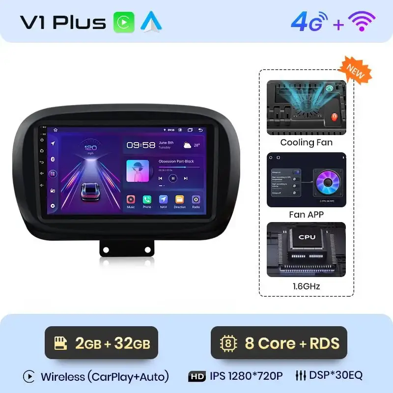 Radio Android do Fiat 500X (2014-2020) CarPlay Android Auto 4G WiFi GPS DSP