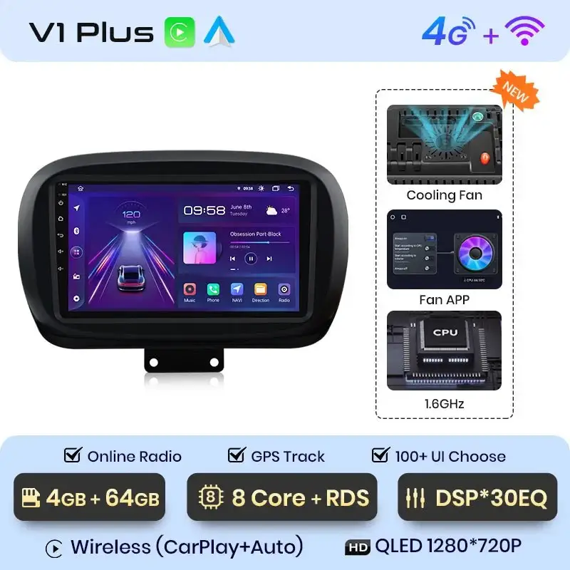 Radio Android do Fiat 500X (2014-2020) CarPlay Android Auto 4G WiFi GPS DSP