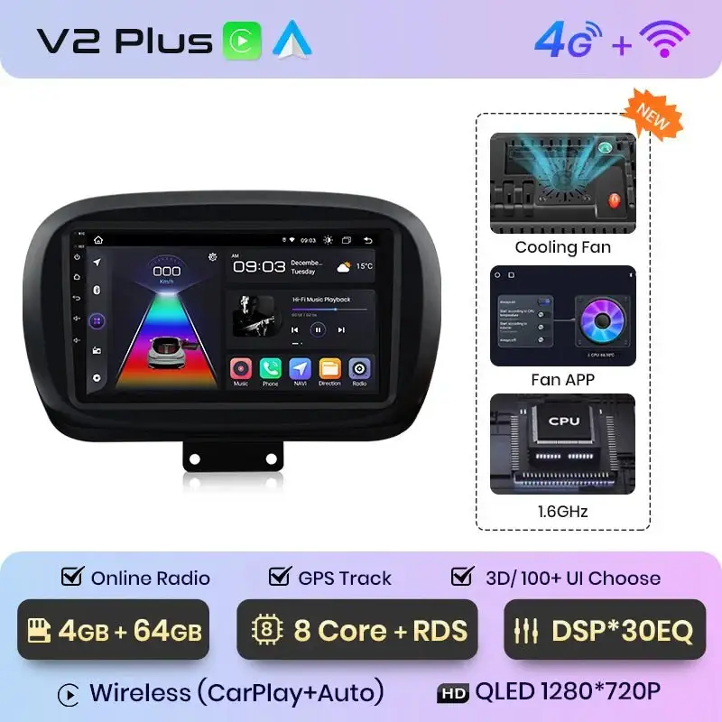Radio Android do Fiat 500X (2014-2020) CarPlay Android Auto 4G WiFi GPS DSP