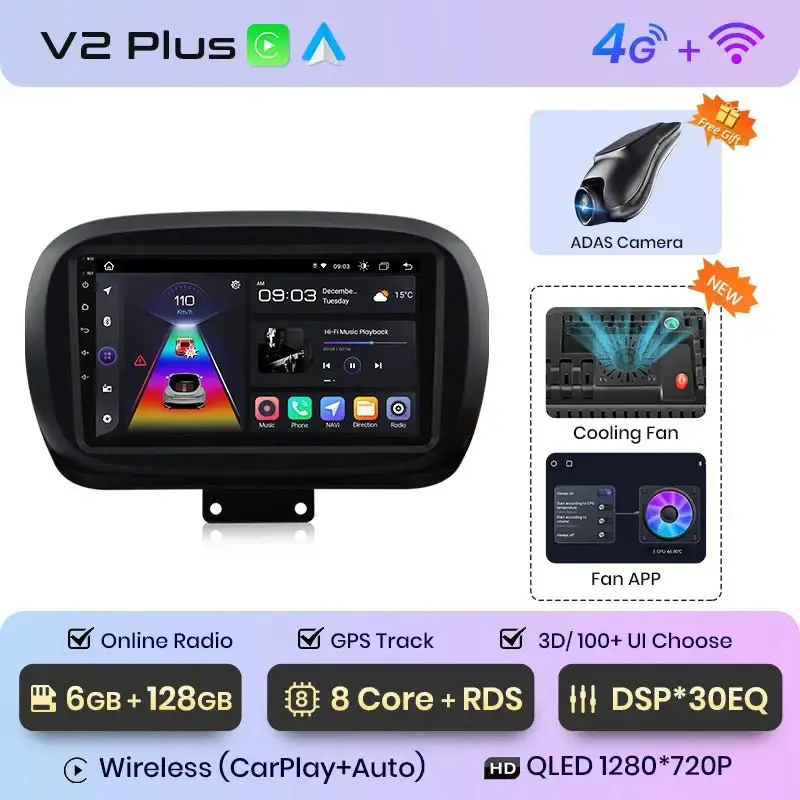 Radio Android do Fiat 500X (2014-2020) CarPlay Android Auto 4G WiFi GPS DSP