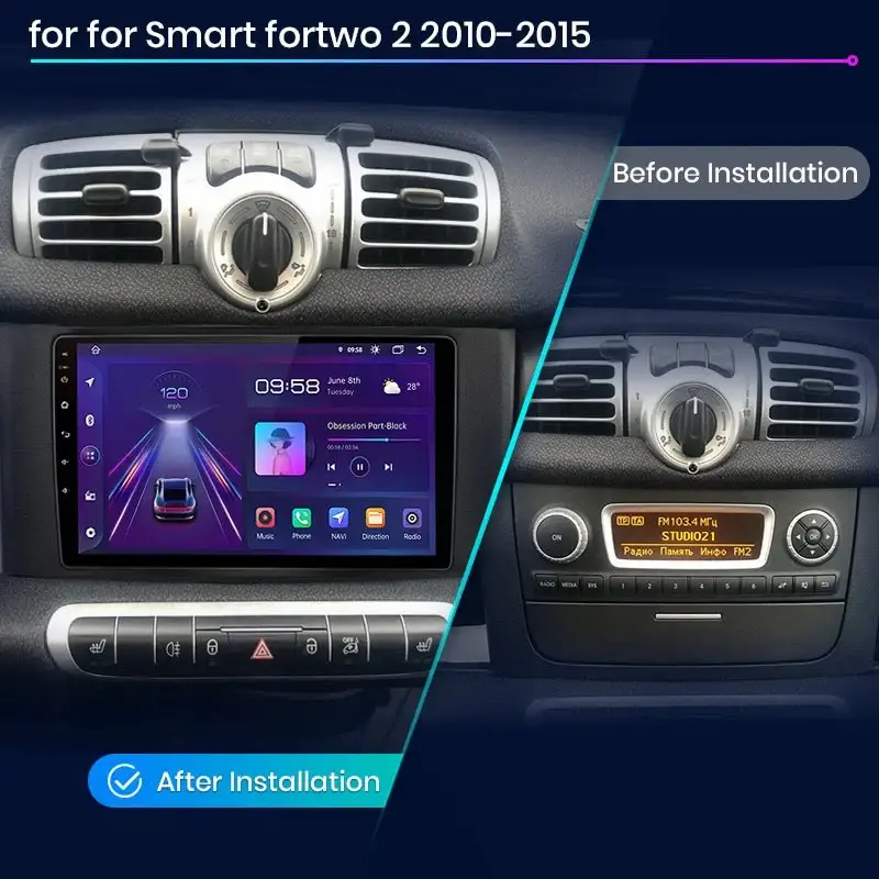 Radio Android do Smart Fortwo (2011-2015) CarPlay Android Auto 4G WiFi GPS DSP