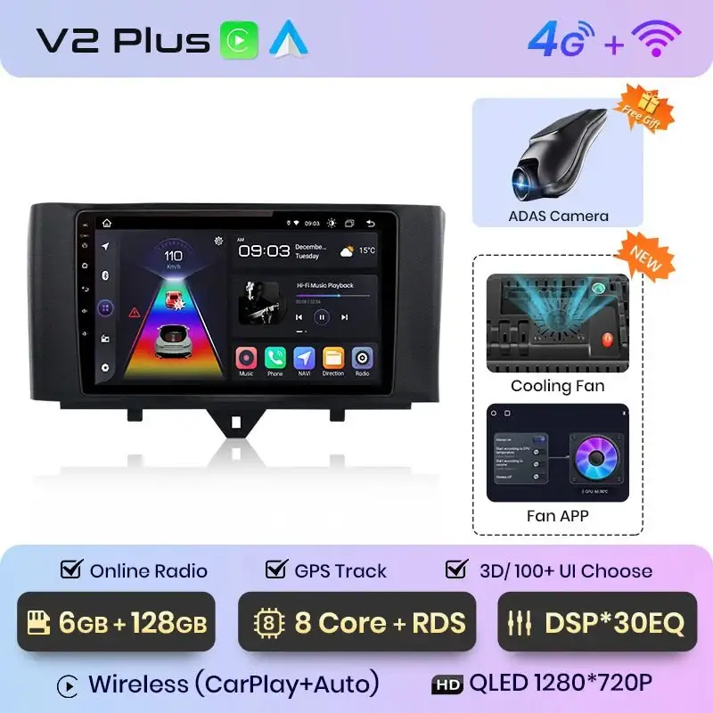 Radio Android do Smart Fortwo (2011-2015) CarPlay Android Auto 4G WiFi GPS DSP