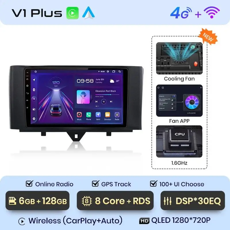 Radio Android do Smart Fortwo (2011-2015) CarPlay Android Auto 4G WiFi GPS DSP