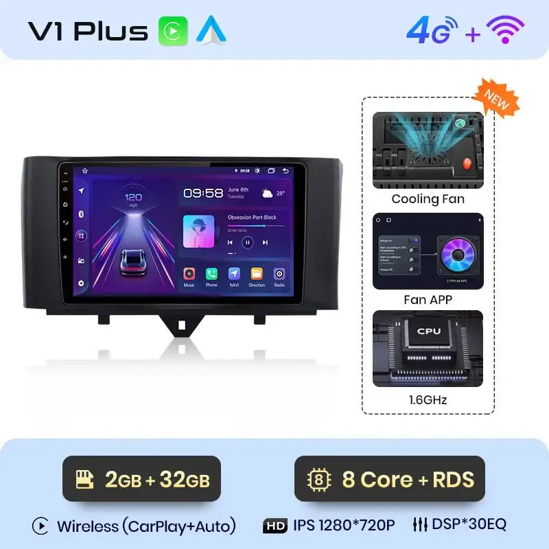 Radio Android do Smart Fortwo (2011-2015) CarPlay Android Auto 4G WiFi GPS DSP