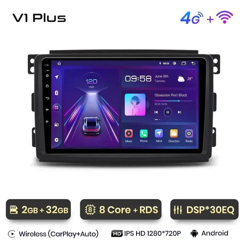 Radio Android do Smart Fortwo (2005-2010) CarPlay Android Auto 4G WiFi GPS DSP