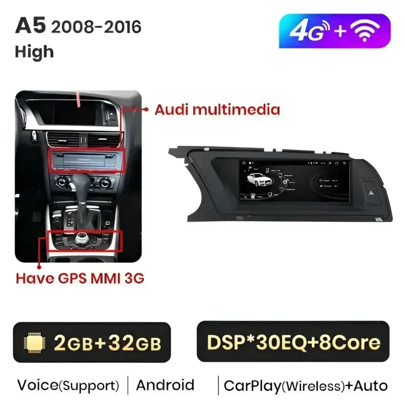 Radio Android do Audi A5 Dedykowany (2009-2016) CarPlay Android Auto 4G WiFi GPS DSP Ekran