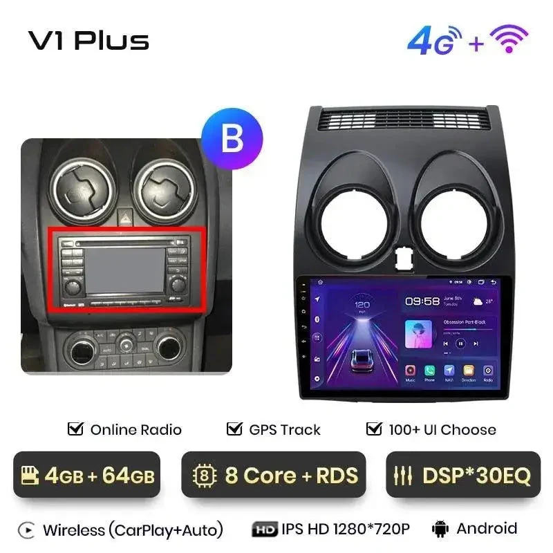 Radio Android do Nissan Qashqai J10 (2006-2013) CarPlay Android Auto 4G WiFi GPS DSP