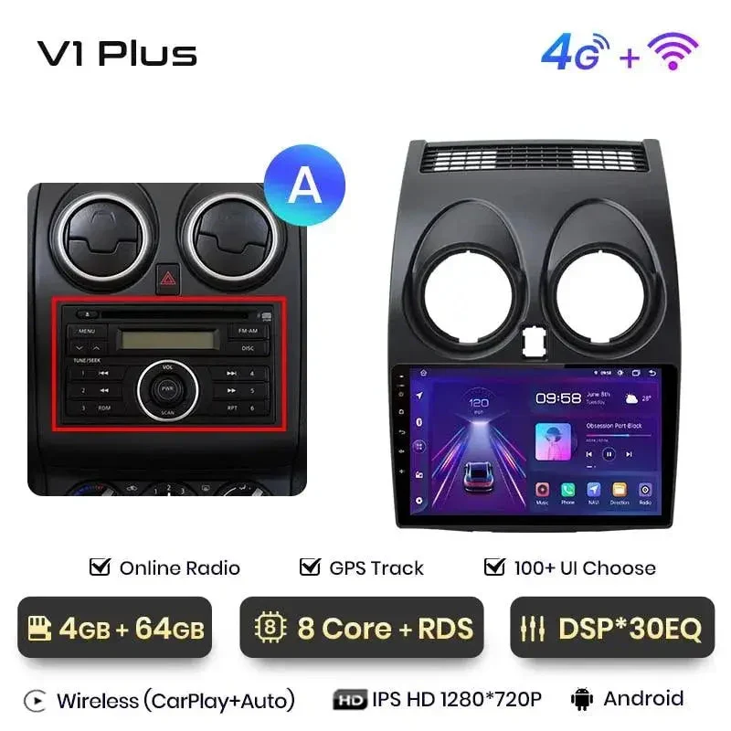 Radio Android do Nissan Qashqai J10 (2006-2013) CarPlay Android Auto 4G WiFi GPS DSP