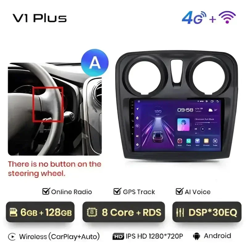 Radio Android do Renault Logan II Sandero (2014-2019) CarPlay Android Auto 4G WiFi GPS DSP