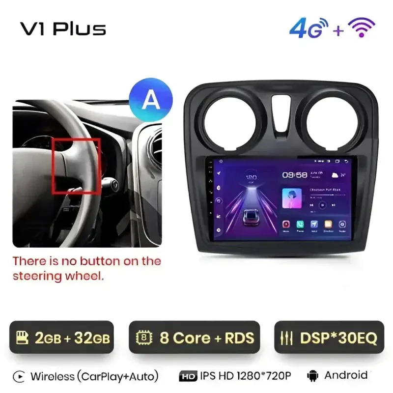 Radio Android do Renault Logan II Sandero (2014-2019) CarPlay Android Auto 4G WiFi GPS DSP