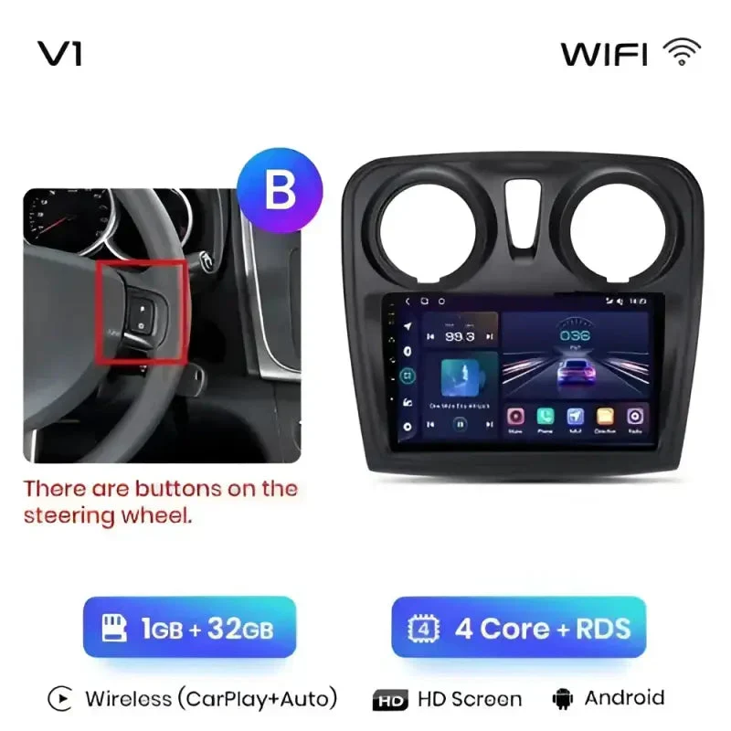 Radio Android do Renault Logan II Sandero (2014-2019) CarPlay Android Auto 4G WiFi GPS DSP
