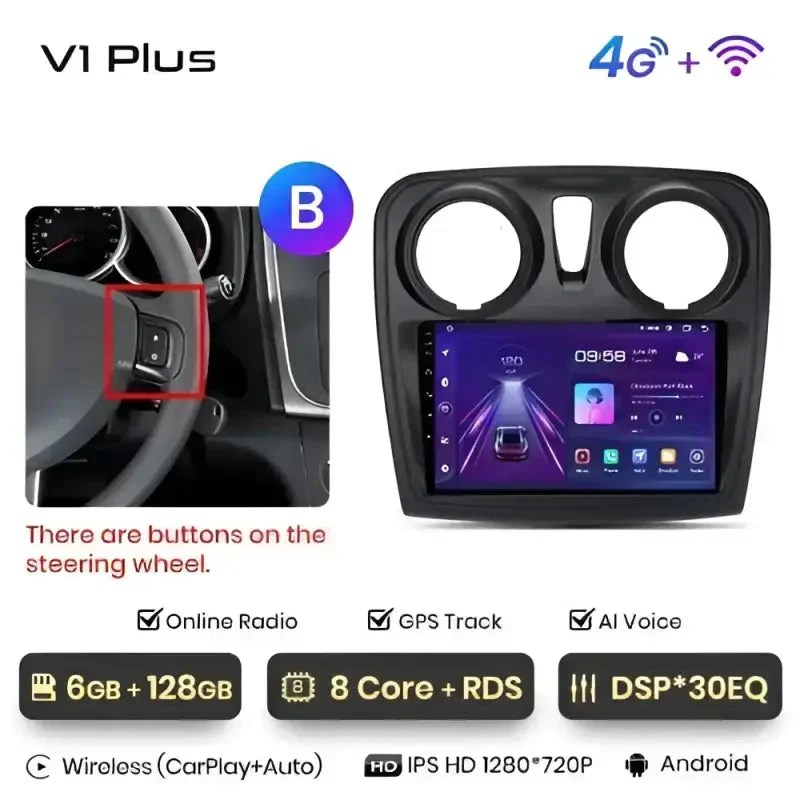Radio Android do Renault Logan II Sandero (2014-2019) CarPlay Android Auto 4G WiFi GPS DSP