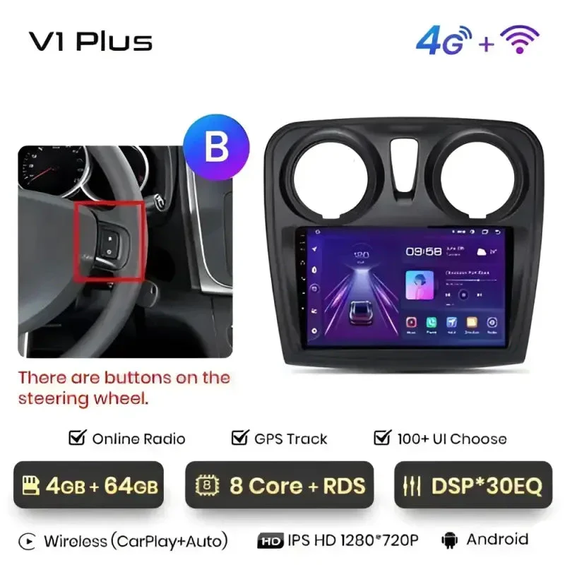 Radio Android do Renault Logan II Sandero (2014-2019) CarPlay Android Auto 4G WiFi GPS DSP