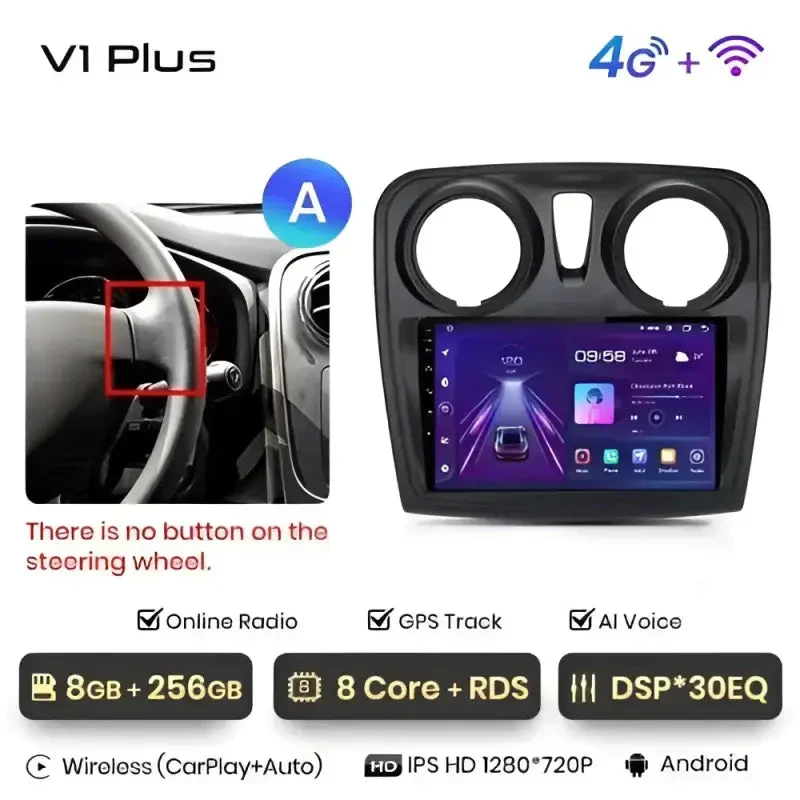Radio Android do Renault Logan II Sandero (2014-2019) CarPlay Android Auto 4G WiFi GPS DSP