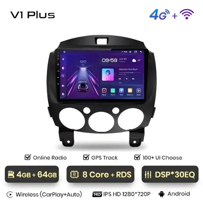 Radio Android do Mazda 2 (2007-2014) CarPlay Android Auto 4G WiFi GPS DSP