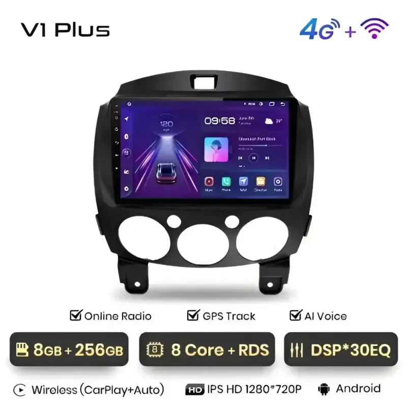 Radio Android do Mazda 2 (2007-2014) CarPlay Android Auto 4G WiFi GPS DSP
