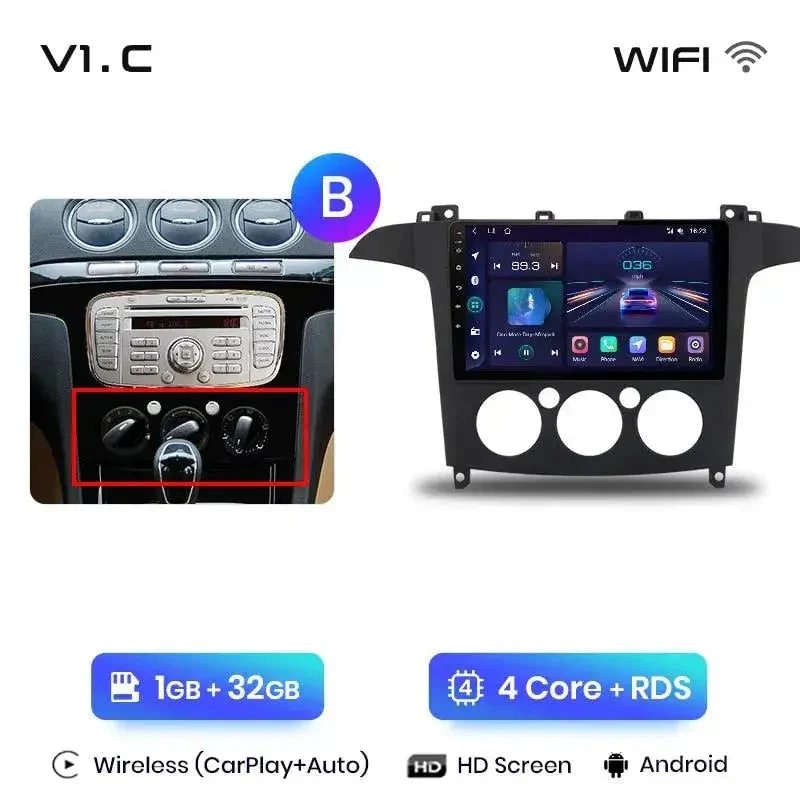 Radio Android do Ford S-Max (2007-2015) CarPlay Android Auto 4G WiFi GPS DSP