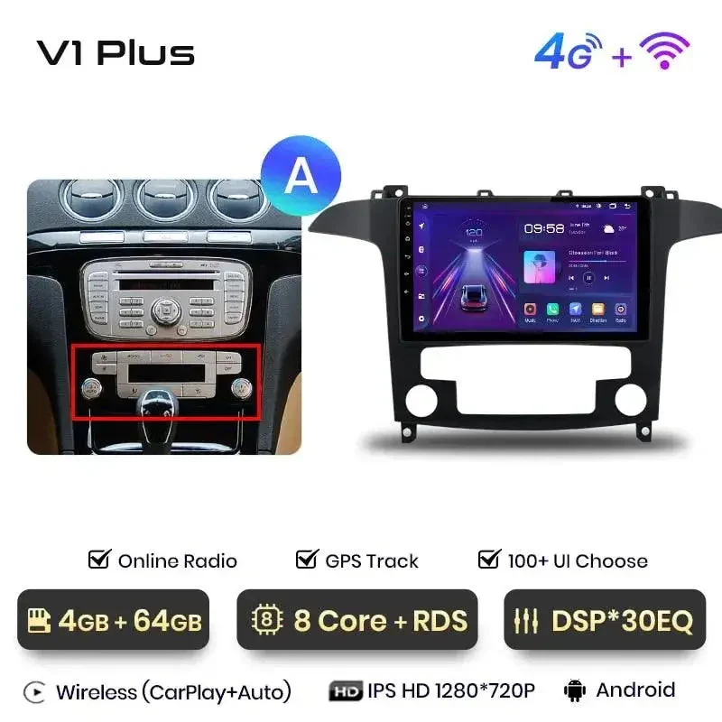 Radio Android do Ford S-Max (2007-2015) CarPlay Android Auto 4G WiFi GPS DSP