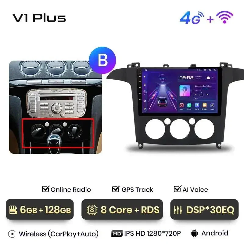 Radio Android do Ford S-Max (2007-2015) CarPlay Android Auto 4G WiFi GPS DSP