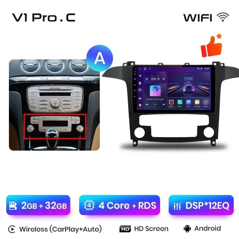 Radio Android do Ford S-Max (2007-2015) CarPlay Android Auto 4G WiFi GPS DSP