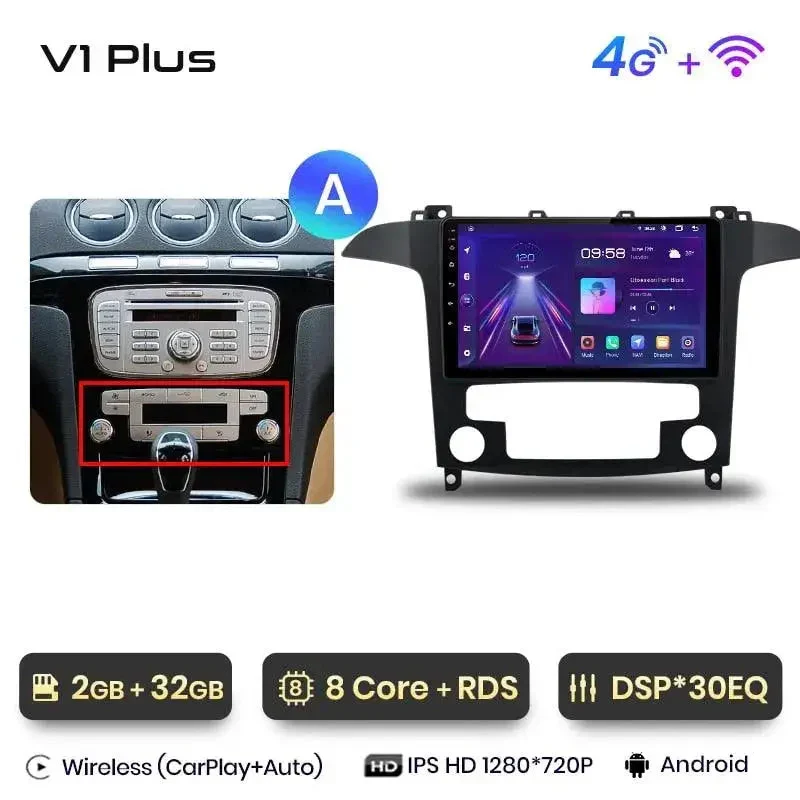 Radio Android do Ford S-Max (2007-2015) CarPlay Android Auto 4G WiFi GPS DSP