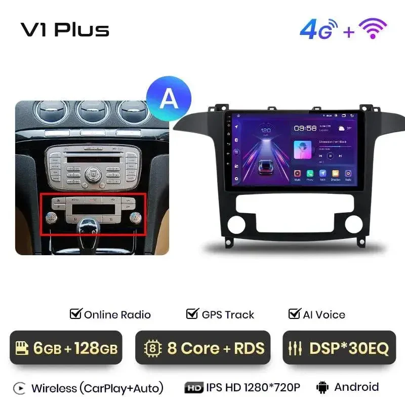 Radio Android do Ford S-Max (2007-2015) CarPlay Android Auto 4G WiFi GPS DSP