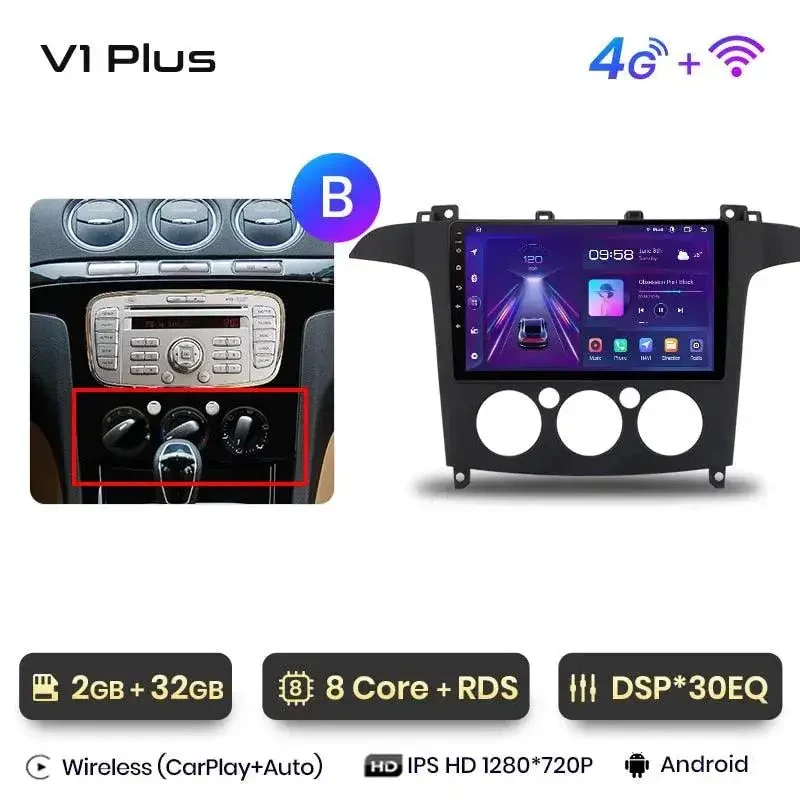 Radio Android do Ford S-Max (2007-2015) CarPlay Android Auto 4G WiFi GPS DSP