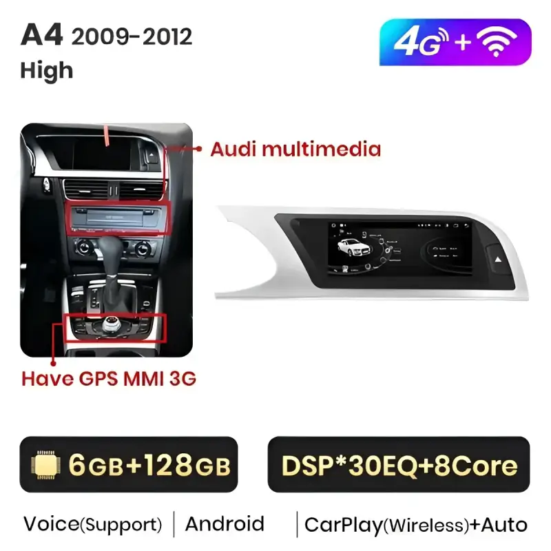 Radio Android do Audi A4 B8 2013-2016 (2009-2012) CarPlay Android Auto 4G WiFi GPS DSP