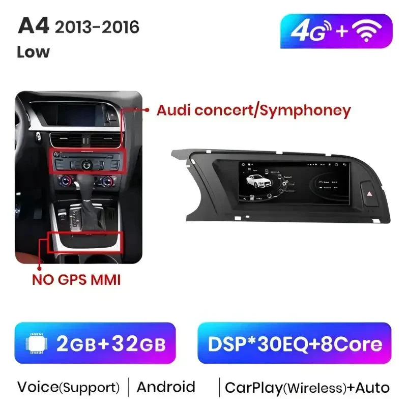 Radio Android do Audi A4 B8 2013-2016 (2009-2012) CarPlay Android Auto 4G WiFi GPS DSP