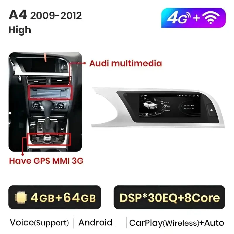 Radio Android do Audi A4 B8 2013-2016 (2009-2012) CarPlay Android Auto 4G WiFi GPS DSP