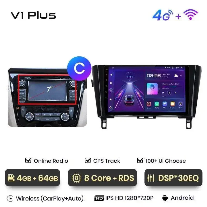 Radio Android do Nissan Qashqai J11 X-Trail T32 (2014-2017) CarPlay Android Auto 4G WiFi GPS DSP