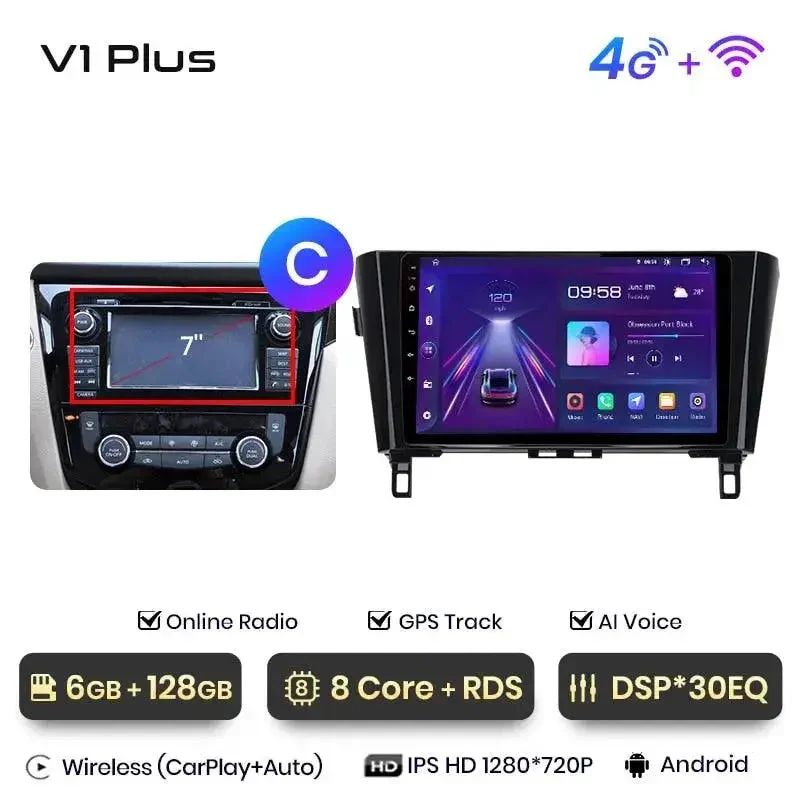 Radio Android do Nissan Qashqai J11 X-Trail T32 (2014-2017) CarPlay Android Auto 4G WiFi GPS DSP