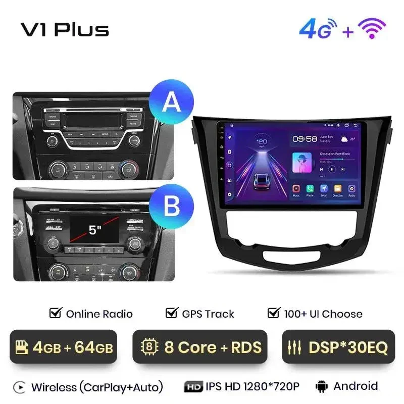 Radio Android do Nissan Qashqai J11 X-Trail T32 (2014-2017) CarPlay Android Auto 4G WiFi GPS DSP