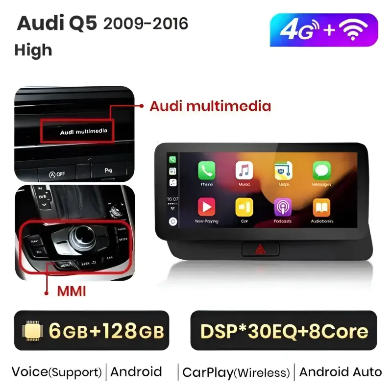 Radio Android do Audi Q5 Dedykowany Multimedialny (2009-2016) CarPlay Android Auto 4G WiFi GPS DSP Ekran