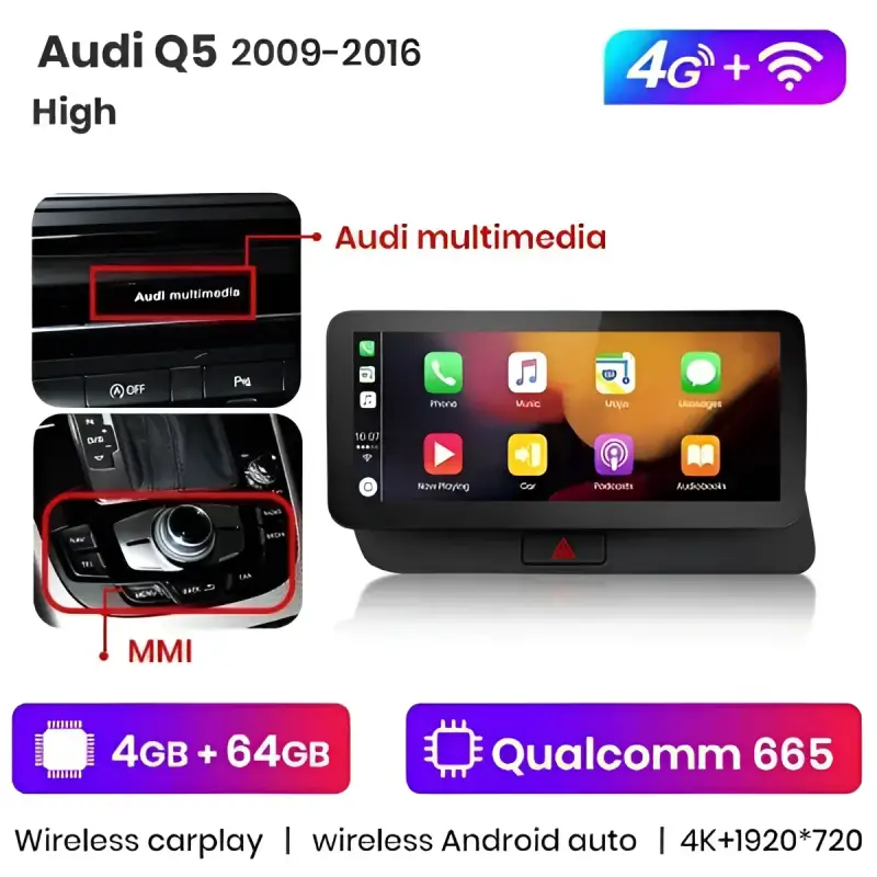 Radio Android do Audi Q5 Dedykowany Multimedialny (2009-2016) CarPlay Android Auto 4G WiFi GPS DSP Ekran