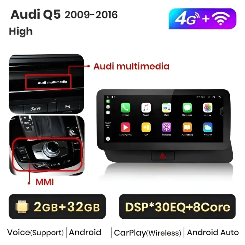 Radio Android do Audi Q5 Dedykowany Multimedialny (2009-2016) CarPlay Android Auto 4G WiFi GPS DSP Ekran